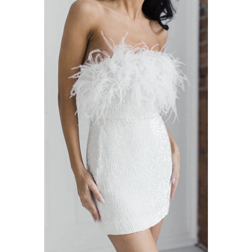 Retrofete White Feather-Trim Sequin Mini Dress